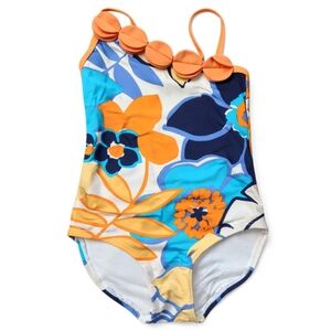 Gymboree Floral One Shoulder Swimsuit Girls 4 Blue Orange 3D Petal